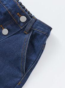 Tween Girl Casual And Cute Flower Printed Light Blue Washed Denim Skort With Elastic Waistband And Button Closure - Dark Wash - View 4