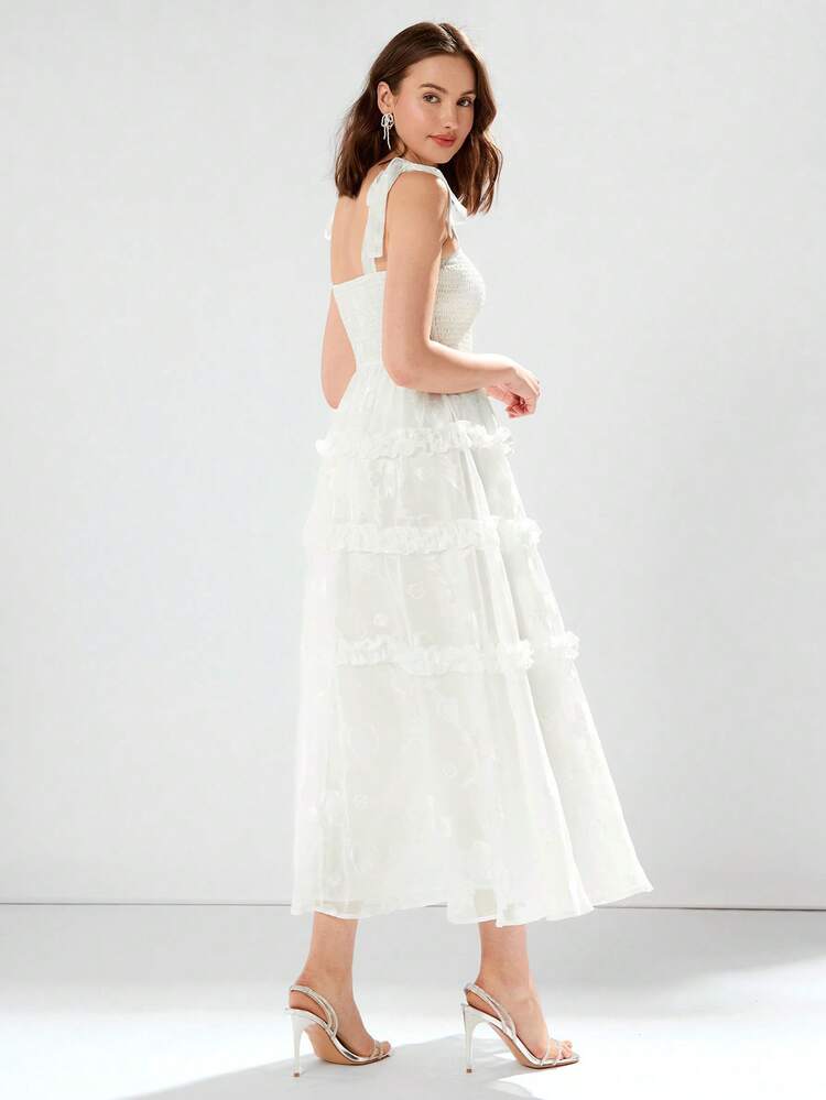 Solid Color Shirred Trim Cami Dress With Frill Trim For Women