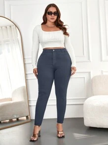 SHEIN Cottnline Plus Size High Waist Skinny Jeans - Light Grey - View 5