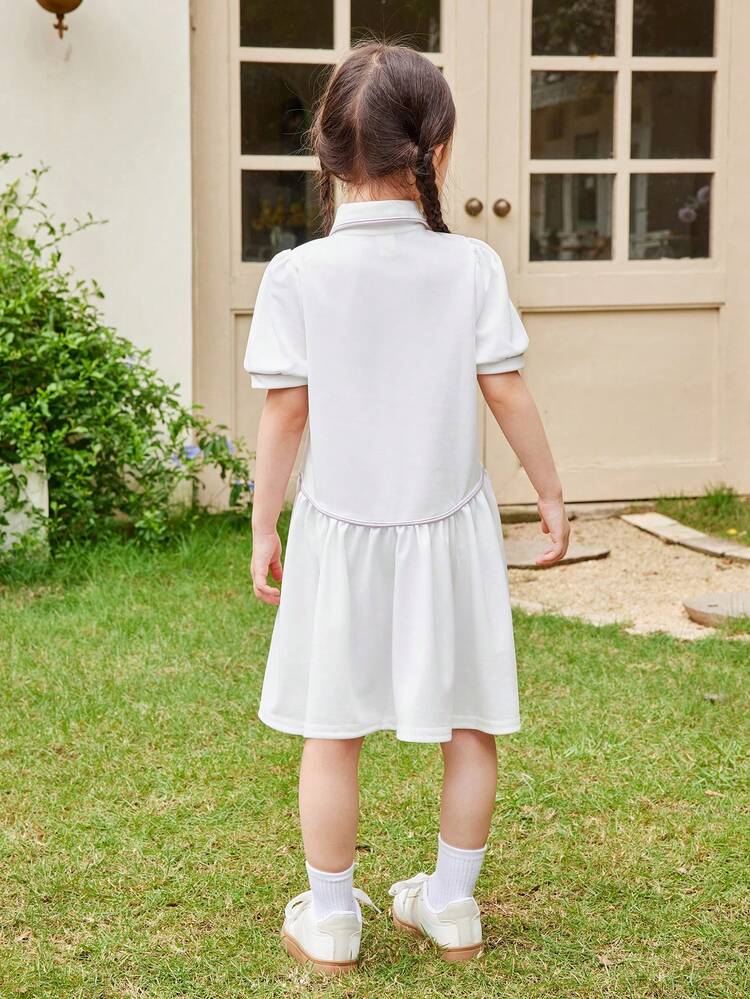 Young Girl Loose Fit Casual Rainbow Printed A-Line Dress With Turn-Down Collar And Puff Sleeves, Knee-Length