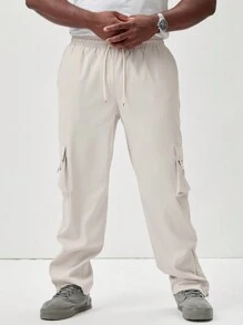 Manfinity Roughcore Men's Plus Size Casual Solid Color Drawstring Waist Cargo Pants - Apricot - View 6
