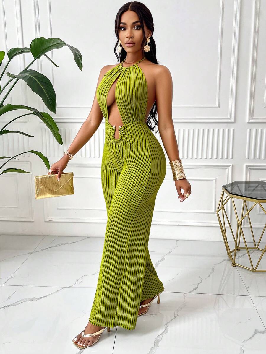 Bộ jumpsuit trễ vai in họa tiết sọc thanh lịch dành cho nữ của Amarilo, hàng mới về mùa xuân/hè, thiết kế khóa cài kim loại trang trí, phù hợp cho đi làm, công sở và mặc hàng ngày. - màu xanh lá - Xem 1