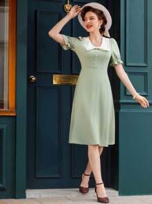 SHEIN DECDS Vestido vintage elegante de mujer con jacquard de punto remendado, de primavera/verano, de doble capa, cuello en V, manga abullonada con lazo, bajo plisado adornado con perlas falsas y encaje, verde, de estilo paraguas para vestir de verano, vestidos de mujer de largo midi, atuendo de mujer para conciertos, ropa vintage de mujer, atuendo de mujer para concierto de country - Verde - Ver 4