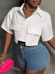 Slaydiva 女士休闲街头服饰白色 Polo 领口袋短款上衣 - 白色 - 查看 6