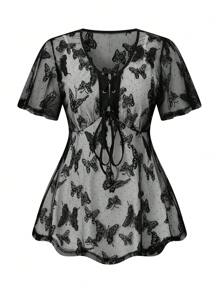 SHEIN LUNE Camisa suelta de manga corta con malla de mariposa de verano para mujer de talla grande con detalles de ojales, frente anudado y volantes - Negro - Ver 1