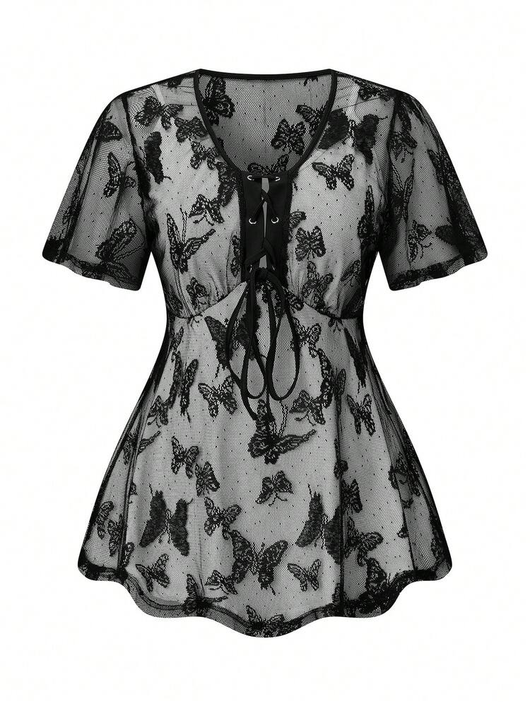 Plus Size Women's Summer Butterfly Mesh Gauze Eyelet Tie-Front Ruffle Short Sleeve Loose Shirt