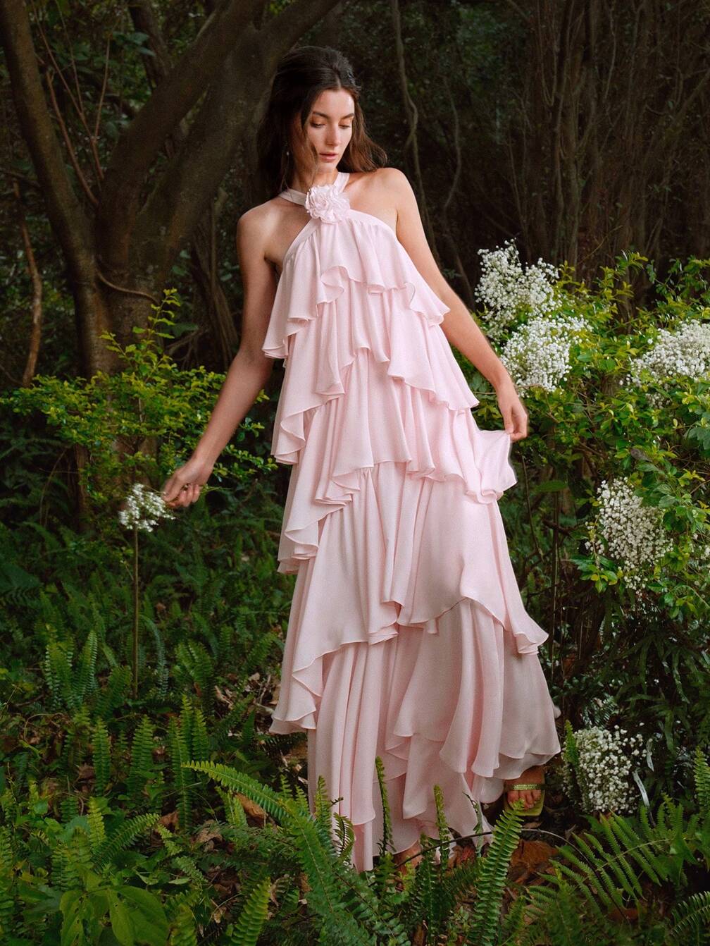 halter dress birthday Stereo Flower Detail Layered Ruffle Hem Halter Dress,Holiday Party Birthday Formal Evening Occassion