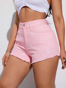 Jeanoix Frayed Hem Loose Straight Leg Versatile Denim Shorts, Summer Pink Jeans Shorts - Pink - View 5