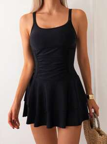 SHEIN Swim 女士純色休閒肩帶夏日沙灘連衣裙，夏季海灘必備 - 黑色 - 查看 3