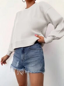 EURMUSE Women'S Round Neck Drop Shoulder Sweater - White - View 5