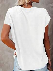 SHEIN LUNE Camiseta de talla grande de manga corta con cuello redondo y patrón de rayas de moda, verano - Blanco y Negro - Ver 2