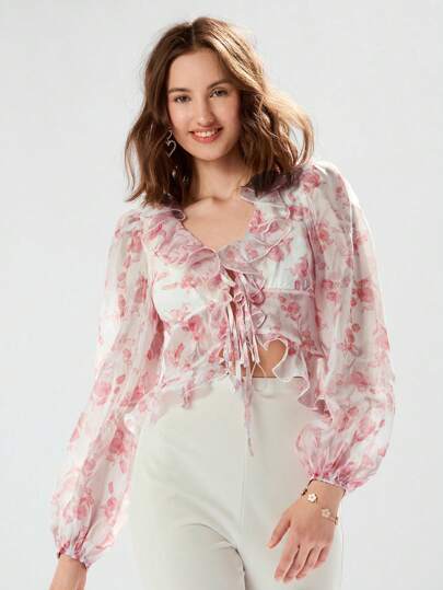 Enchnt Women's Elegant Lantern Sleeve Shirt With Floral Print And Ruffle Hem For Spring/Summer