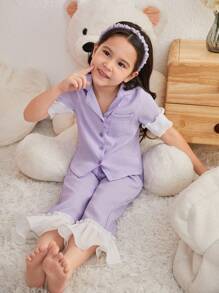 SHEIN Young Girl Elegant And Simple Shirt Collar With Lace Decorations Papery Sleepwear, 2pcs Set (Sold Separately), Matching Sibling Outfits - Mauve Purple - View 7