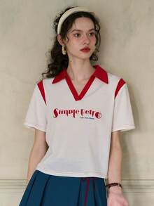 Simple Retro Women's Short Sleeve Colorblock Collar T-Shirt - White - View 4
