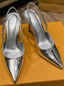 Silver Rhinestone Decor Pointed Toe Ankle Strap Sexy High Heel Sandals, Elegant French Style Stilettos For Spring/Summer, Run Small By Half Size,Elegant,Party - Silver - View 3