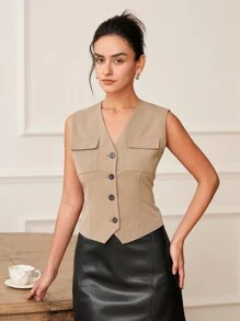 Chaleco de un solo pecho con abotonadura sencilla y unicolor - Caqui - Ver 1