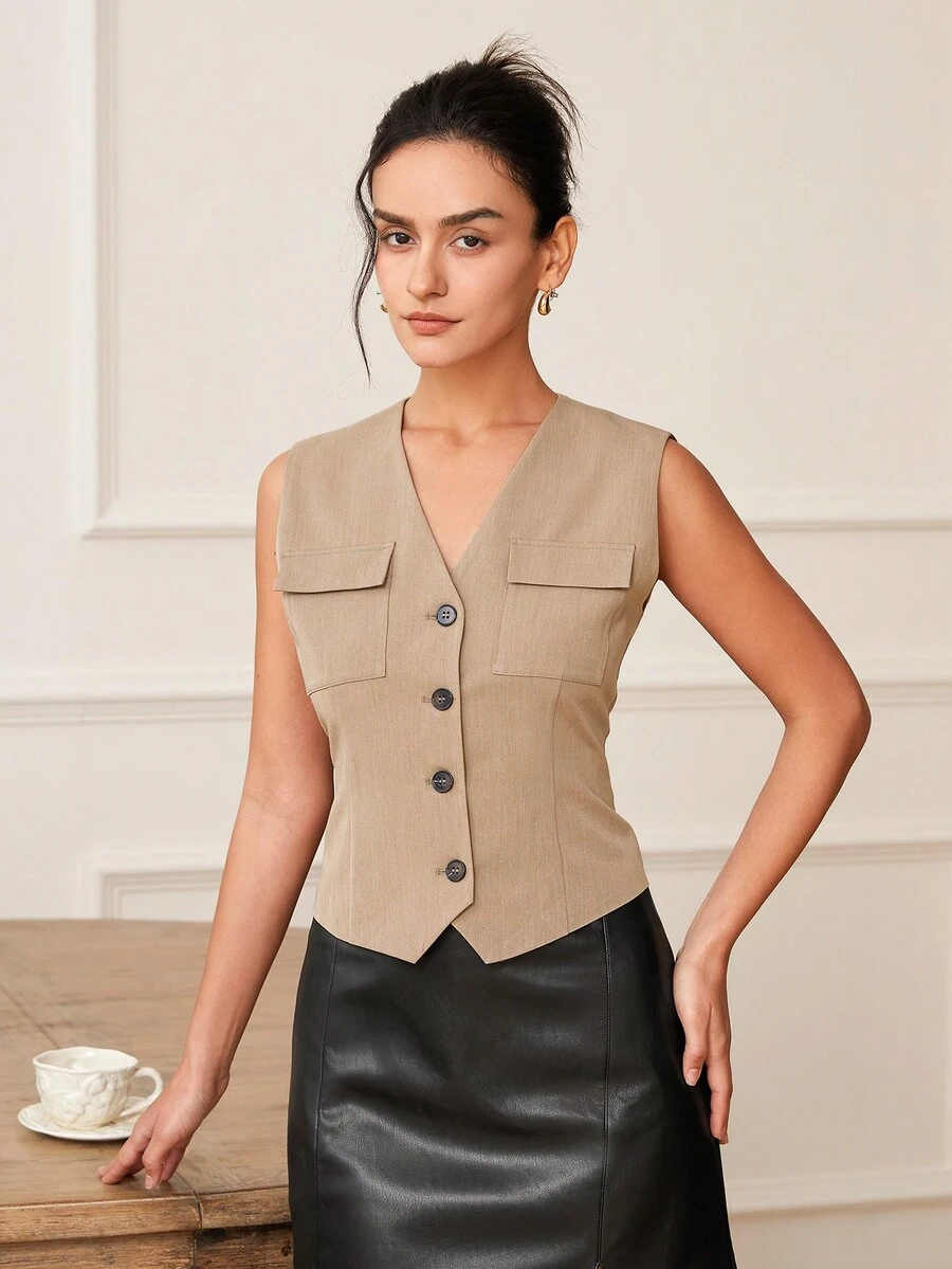 Chaleco de un solo pecho con abotonadura sencilla y unicolor - Caqui - Ver 1