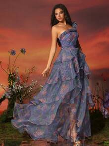 VIPGIRL Oblique-Shoulder Lace & Petal Hem Women's Evening Party Dress Elegant Formal Prom Wedding Guest Gown, For Graduation, Dinner - Purple - View 4