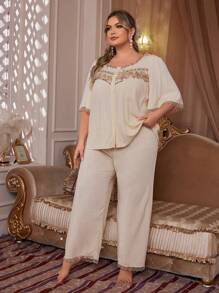 Lace Trimmed Loose Fit Plus Size Short Sleeve Sleepwear Set With Button Front - Apricot - View 5