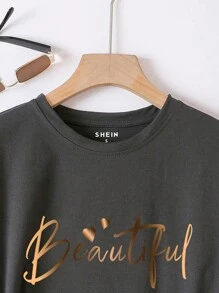 INAWLY Women's Summer Heart & Letter Print Round Neck Short Sleeve Casual T-Shirt Graphic Tees Women Tops