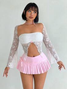 Sweetina Y2k Summer Spring Outfits Vacation Outfits Going Out Low-Waist Fine Pleated Bowknot Ultra Pink Cute Short Mini Skirt - Pink - View 6