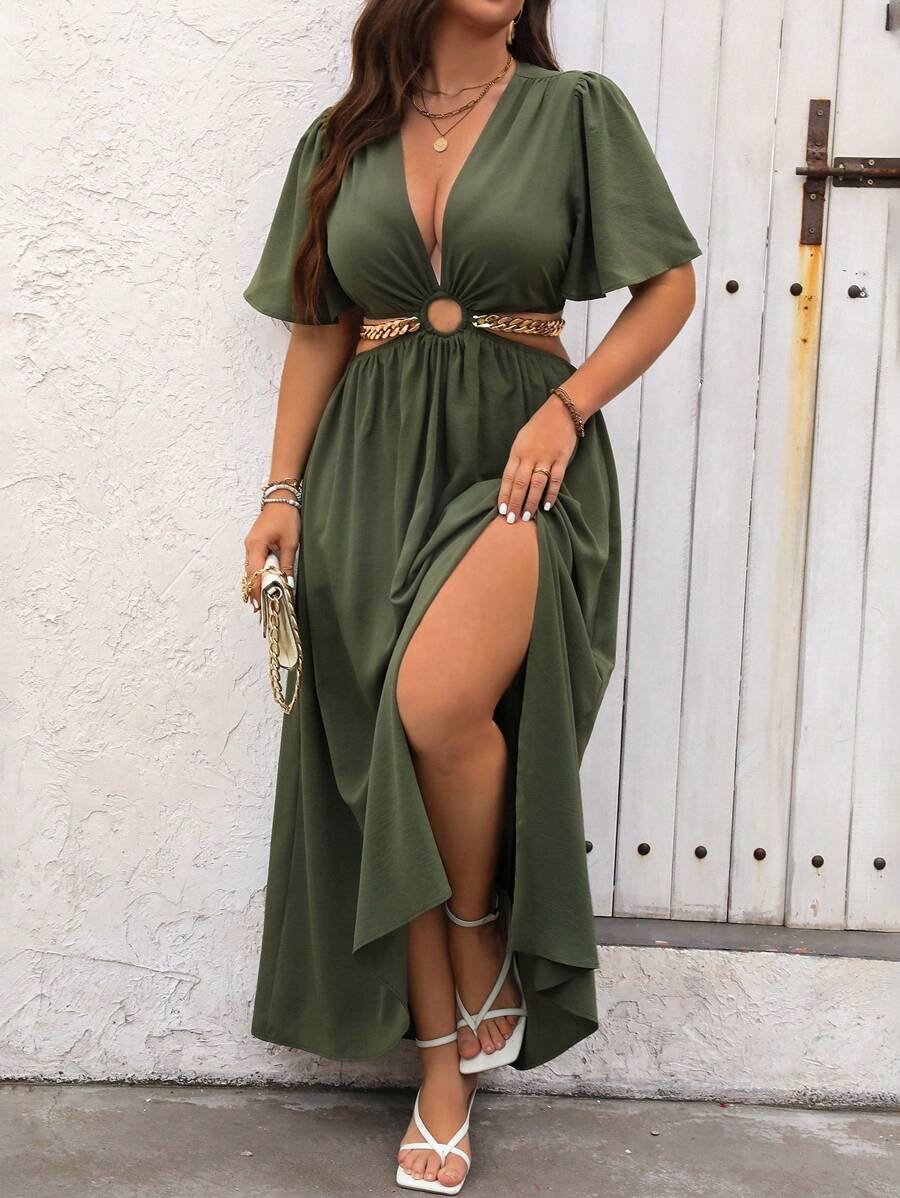 Breezaya Plus Size Deep V-Neck Hollow Out Split Sexy Short Sleeve Summer Dress, Thigh Length, Maxi Women Outfit