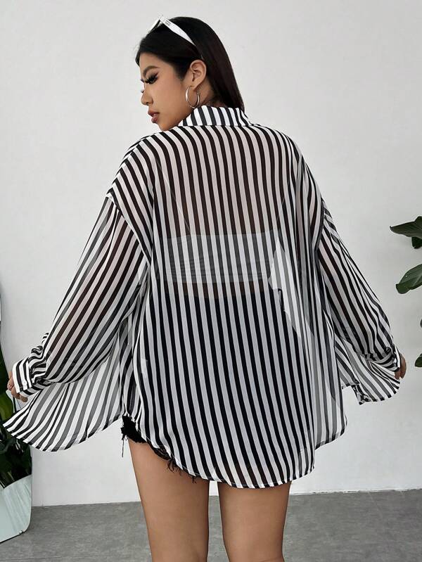SHEIN EZwear Women's Plus Size Sheer Black & White Striped Summer Shirt
