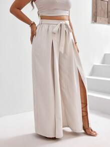 SHEIN Frenchy 夏季度假大码高腰系带裤 - 杏色 - 查看 7