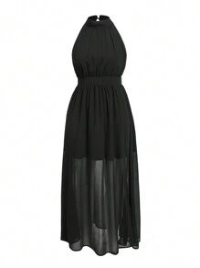 SHEIN Privé 女士褶皺領口A字裙連腰帶連衣裙，適合辦公室、婚禮和約會 - 黑色 - 查看 1