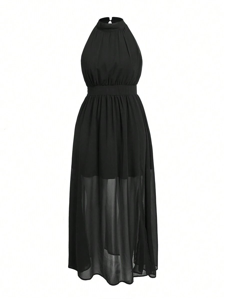 SHEIN Privé 女士褶皺領口A字裙連腰帶連衣裙，適合辦公室、婚禮和約會 - 黑色 - 查看 1