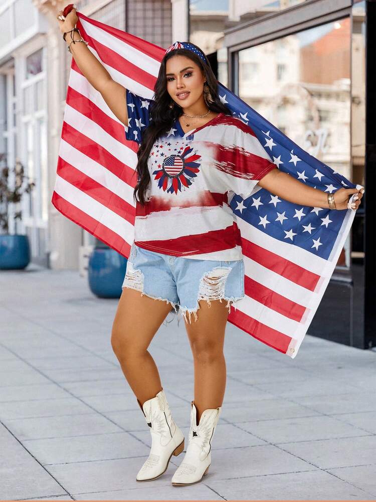 Plus Size Women's Summer V-Neck T-Shirt With Flag Print