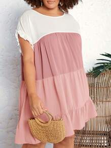 SHEIN CURVE+ Robe d"été grande taille de style vacances plage avec manches à volants et col rond bicolore en A - Multicolore - Voir 6