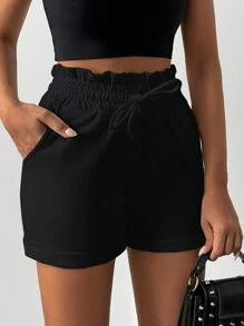 RueChic Solid Color Paper Bag Waist Casual Shorts With Pockets, Summer - Black - View 3