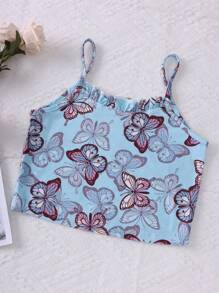 Regata com Estampa Total de Borboleta Azul para Menina Jovem com Shorts, Conjunto Casual para Casa com 2 peças