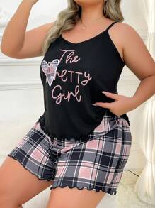 Plus Size Letter Plaid Printed Cami Top And Shorts Pajama Set , Outfits - Multicolor - View 4