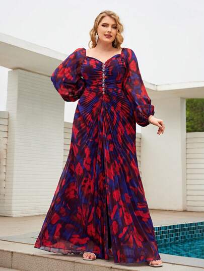 SUPGIR Vestido largo de manga larga con estampado floral de tamaño grande, cuello en V, hombros descubiertos, plisado y decorado con cristales, con estilo modesto