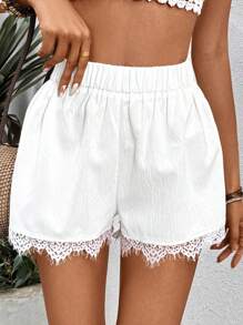 Chiquease Ladies' Solid Color Simple Casual Lace Decorated Shorts - White - View 3