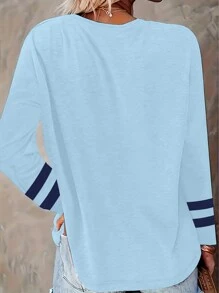 SHEIN LUNE Women's Anchor Print Notched V-Neck Long Sleeve Leisure T-Shirt For Spring/Summer - Baby Blue - View 2