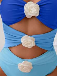 Swim Chiccia Women's 3-Tier Layered Floral Decor One Piece Swimsuit Summer - Blue - View 4