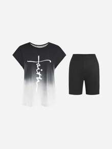 Zolique Ombre Letter Print Pleated Collar Short Sleeve T-Shirt And Solid Color Shorts Set For Summer - Black - View 6