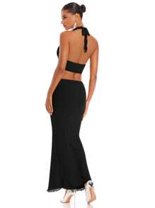 SHEIN BAE Women's Summer Sexy Plain Camisole With 3D Floral Decoration, Backless, High-Slit Hem Skirt 2-Piece Set