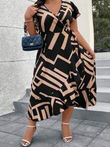 SHEIN CURVE+ Vestido largo de mujer de talla grande con bloque de color, estampado geométrico, volante en el bajo y lazo para atar, para uso casual de verano - Negro - Ver 6