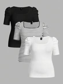 SHEIN Essnce Paquete de 3 camisetas de cuello cuadrado ajustadas de verano para mujer talla grande, ropa de verano para mujer, blusas lindas, camisetas a rayas, atuendos de verano, blusas talla grande, blusas curvilíneas