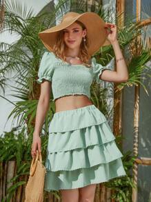 Women's Green Square Neck Short-Sleeved Slim Top + Green Mid-Length Cake Skirt And Girls' Square Neck Long Sleeve Athletic Top + Casual Cross Casual Long Pants Family Matching Outfits (4 Sets Sold Separately) - Green - View 5