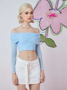 SHEINNeu Women's Spring/Summer Solid Color Asymmetrical Collar Pleated Long Sleeve Short Slim T-Shirt