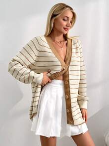 EURMUSE Multicolor Stripe Button Detailed Casual Sweater - Multicolor - View 2