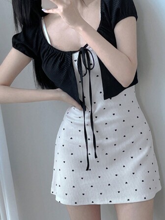 DAZY Women's Summer Casual Love Print Tank Dress & Solid Color Short Top Two-Piece Set