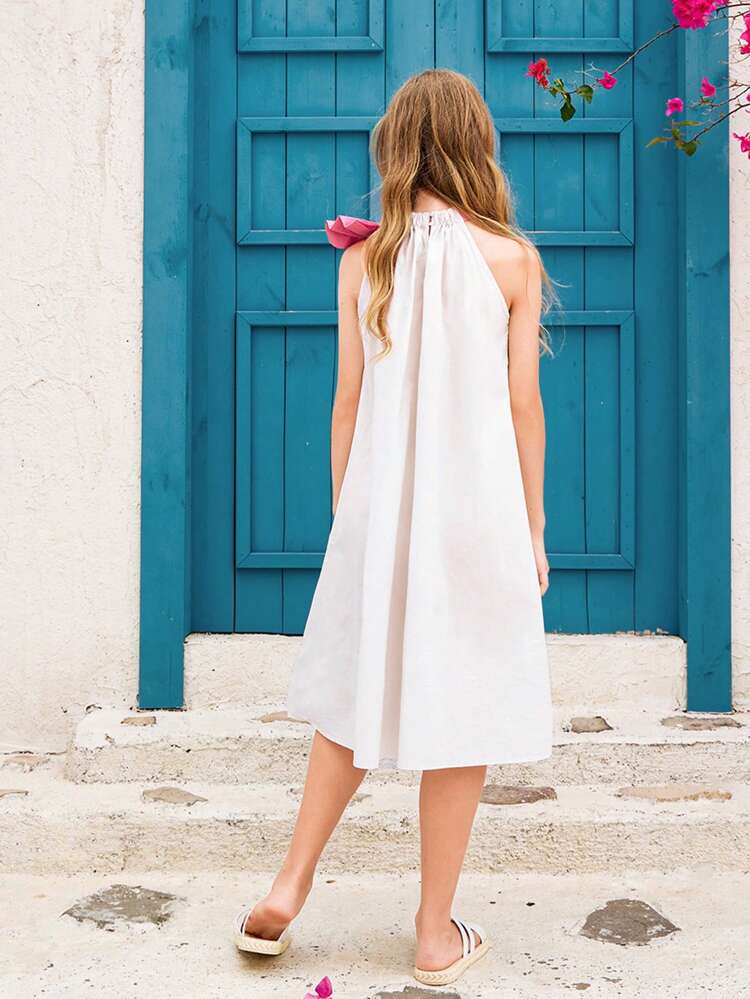 Tween Girl Loose Fit Vacation Style 3D Flower Color Block Exaggerated Bowtie Tank Dress