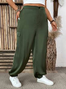 Plus Size Solid Color Drawstring Waist Casual Tapered Pants With Pockets