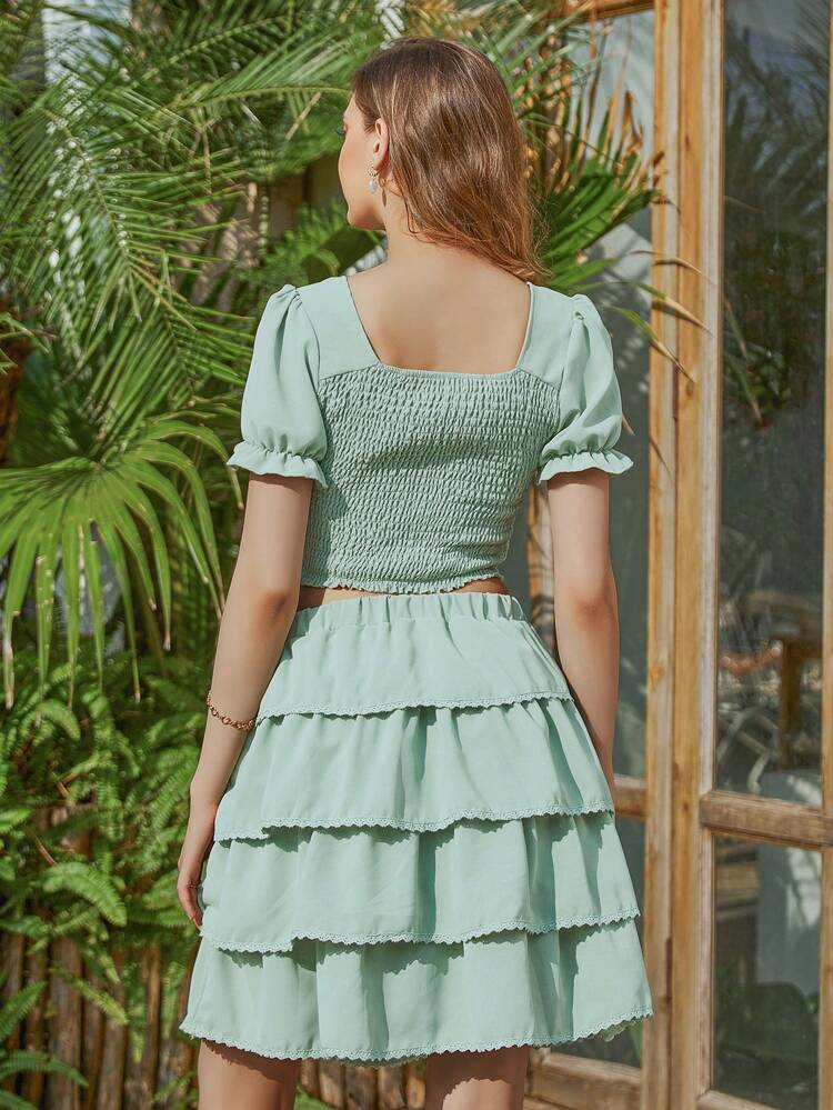 Women's Green Square Neck Short-Sleeved Slim Top + Green Mid-Length Cake Skirt And Girls' Square Neck Long Sleeve Athletic Top + Casual Cross Casual Long Pants Family Matching Outfits (4 Sets Sold Separately)